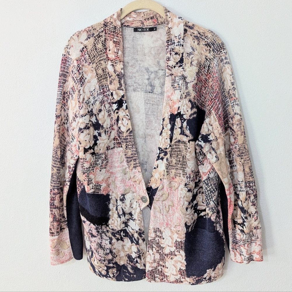 Nic + Zoe Linen Blend Single Button Cardigan Floral Print Blue Beige XL